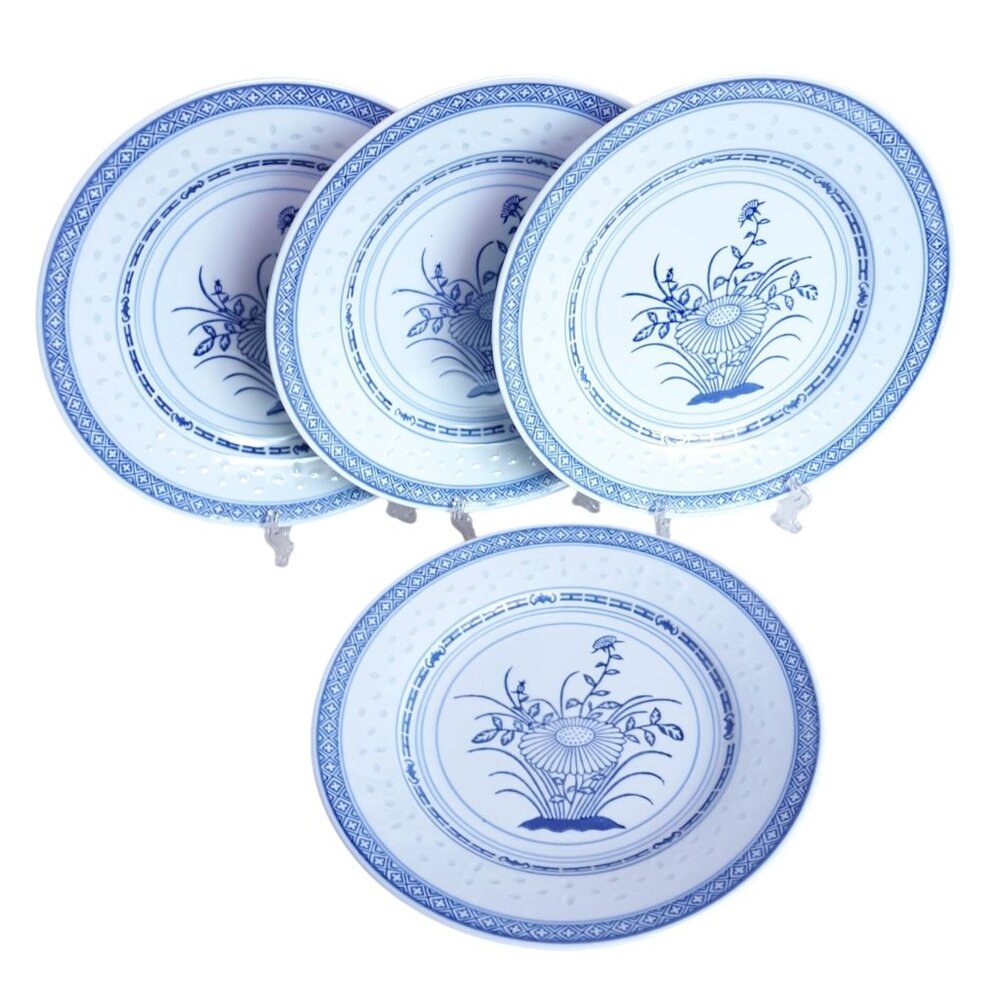 4 TIENSHAN Chrysanthemum Rice Grains Pattern Blue and White Dinner Plates